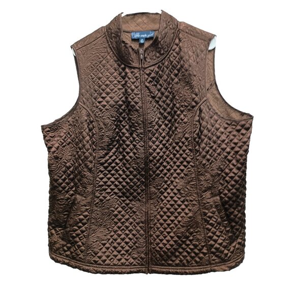 Susan Graver Womens Vest Size 2X Brown Quilted Embroidered Fleece Lined Outdoor - Picture 1 of 8